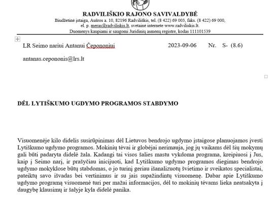 Meras paprašė stabdyti Lytiškumo ugdymo programos diegimą mokyklose
