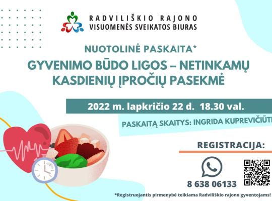 Kviečiame registruotis į nuotolinę paskaitą „Gyvenimo būdo ligos – netinkamų kasdienių įpročių pasekmė“
