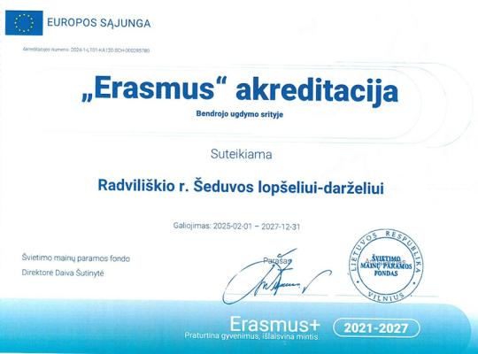 Šeduvos lopšelis-darželis – akredituota „ERASMUS+“ institucija